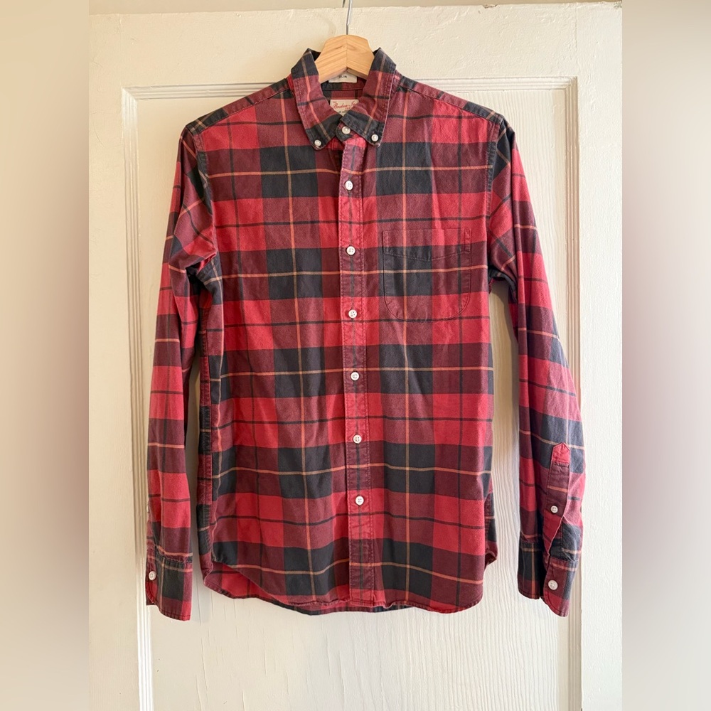 Vintage J. Crew Slim The Broken In Oxford, Red and Gray Plaid Shirt